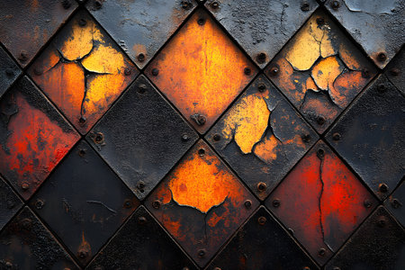 Close-up of a weathered industrial metal panel showcasing a textured diamond pattern. the rusty red and orange hues highlight the natural wear and tear, providing a vintage aesthetic suitable for design projects and backgrounds. Generative AIの素材