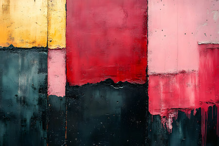 Abstract art featuring geometric blocks in vibrant colors, including red, pink, and yellow. the textured surface creates depth and intrigue, perfect for modern interior decor, digital design projects, or artistic backgrounds. Generative AIの素材