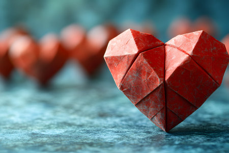 A close-up of a red origami heart placed on a textured blue surface. the artistic arrangement of several folded paper hearts blurred in the background adds depth, perfect for valentine's day themes. Generative AIの素材