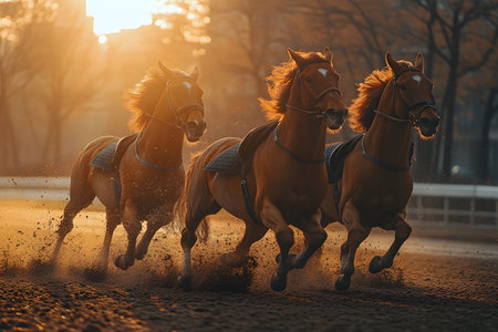 Three horses gallop energetically on a sandy track, illuminated by the warm glow of an autumn sunset. their manes flow gracefully, capturing the essence of freedom and power, with trees softly silhouetted in the background. Generative AIの素材