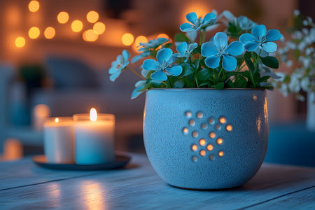 Blue flowers in an aesthetically pleasing decorative pot enhance a cozy, peaceful setting with soft candlelight in the background. ideal for interior design inspiration or promoting relaxation themes. Generative AIの素材