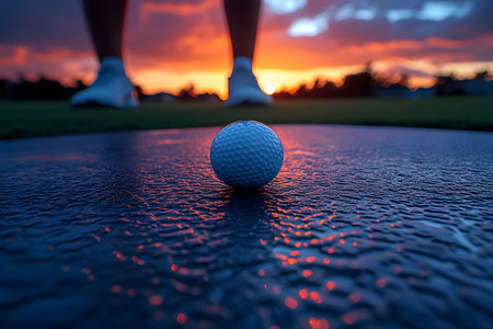 A close-up of a golf ball on a wet green during sunset, creating a dramatic silhouette of a golfer in the background. the vibrant colors of the sky reflect on the water, making it an ideal image for sports enthusiasts and design inspiration. Generative AIの素材