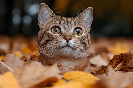 A wide-eyed cat peers through a bed of vibrant autumn leaves, capturing the calm and curiosity of the season. its detailed fur and golden leaf backdrop make it a striking addition for nature or pet-themed projects. Generative AIの素材