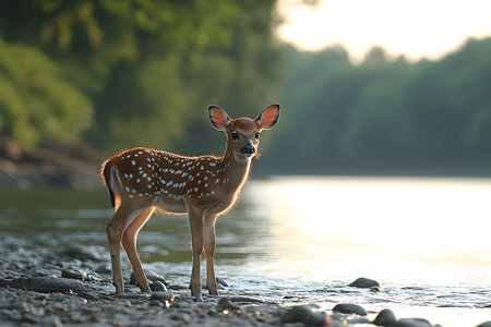 A young deer stands gracefully by the river's edge in a tranquil forest setting. warm sunlight filters through the lush greenery, the delicate spots on the deer s coat against a gentle water backdrop. Generative AIの素材