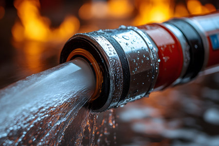 Close-up of a firefighting hose discharging water with flames in the background, its crucial role in emergency response and fire safety. the droplets glisten, emphasizing its high-pressure function and reliability. Generative AIの素材