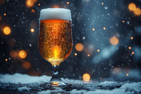 A frosty glass of beer is set against a background of warm, glowing bokeh lights. the scene captures a festive winter atmosphere with snowflakes gently falling, the interplay between the cold beer and luminous backdrop. Generative AIの素材