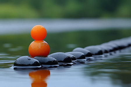 A striking composition featuring a tranquil arrangement of smooth black stones in tranquil water, topped by a vibrant orange sphere. symbolizes balance and mindfulness, perfect for wellness, meditation, and relaxation concepts. Generative AIの素材