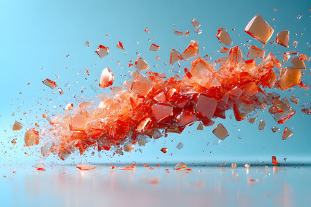 A vibrant depiction of orange and red glass shards explosively scattering against a striking blue backdrop. the dynamic motion creates a captivating abstract composition, perfect for modern art, graphic design, or advertising material. Generative AIの素材
