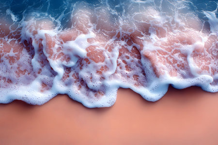 A gentle ocean wave softly laps onto a sandy beach, creating a soothing and tranquil atmosphere. the vibrant hues of blue water and beige sand highlight nature's beauty, making it perfect for concepts of relaxation and serenity. Generative AIの素材