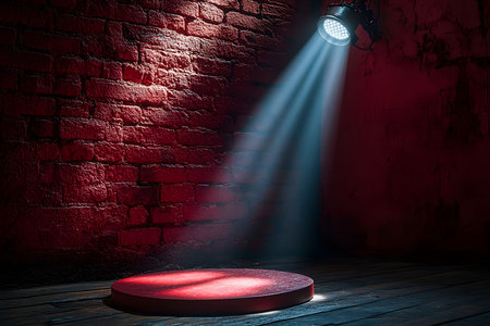 Dramatic stage set with hardwood floors and a striking red spotlight illuminating an empty circular platform, casting deep shadows against a rustic brick wall. perfect for theater performance, dramatic scene setting, or artistic design projects. Generative AIの素材