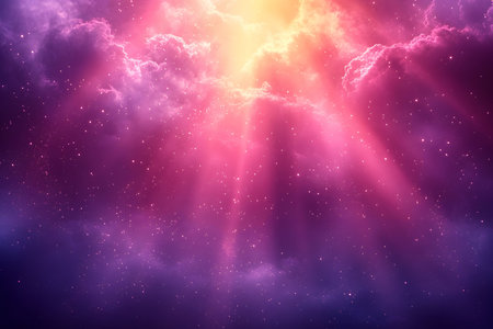 Radiant sunbeams pierce through a vibrant sky of pink, purple, and golden clouds, creating an ethereal and uplifting atmosphere. the glowing hues and dreamy ambiance make this scene perfect for inspirational design projects. Generative AIの素材