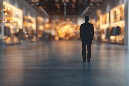 A lone silhouette stands in a spacious, contemporary shopping mall. the ambient lighting highlights the sleek architectural design, creating a warm, inviting atmosphere. blurred storefronts suggest a variety of retail options. Generative AIの素材