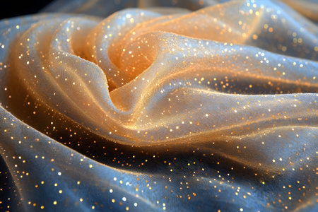 Luxurious fabric texture draped elegantly, featuring golden sparkling accents. ideal for designs in fashion, interiors, or backgrounds seeking a touch of elegance and sophistication with a hint of opulence. Generative AIの素材