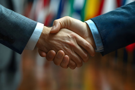 Close-up of two hands shaking, symbolizing agreement or partnership, with international flags in the blurred background. represents global business cooperation, diplomacy, or international relations. Generative AIの素材