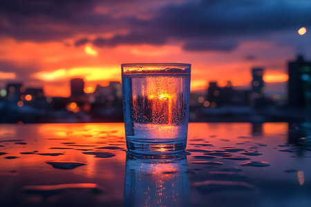 A mesmerizing glass of water reflects the vibrant hues of a sunset against a soft-focus urban skyline. the play of colors and light creates a serene and captivating visual, ideal for modern and nature-inspired decor. Generative AIの素材