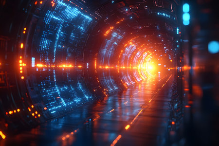 A radiant futuristic tunnel with vibrant blue and orange lights creating an illuminated pathway. ideal for technology, science fiction themes, and digital design projects, conveying innovation and advanced technology. Generative AIの素材