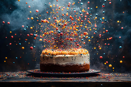 A celebration cake topped with colorful frosting and an explosion of vibrant sprinkles in mid-air. the dramatic lighting and dark background enhance the festive mood, making it ideal for birthday or party-themed designs. Generative AIの素材
