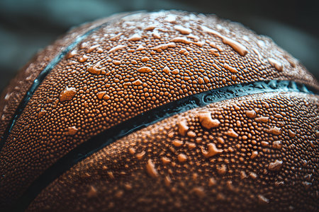 Detailed view of a basketball's textured surface covered in water droplets, emphasizing the outdoor game environment. perfect for illustrating sports themes, athletics, and weather conditions in outdoor sports. Generative AIの素材