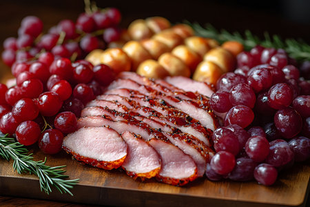 A delectable arrangement of sliced ham, surrounded by vibrant red grapes, golden baby potatoes, and fresh rosemary sprigs on a wooden board. ideal for holiday-themed culinary displays and gourmet recipe visuals. Generative AIの素材
