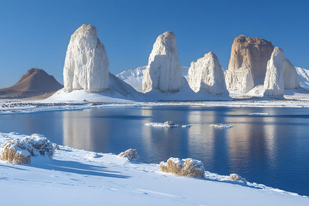 Majestic snow-covered rock formations stand tall, reflecting elegantly in a calm, clear lake. the scene features a pristine blue sky, the serene, untouched beauty of the natural landscape, perfect for winter-themed designs. Generative AIの素材