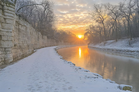 Sunrise blankets a snowy river path with golden light, reflecting on the icy water. bare trees and a stone wall frame the serene winter scene, nature's tranquil beauty in cold seasons. Generative AIの素材