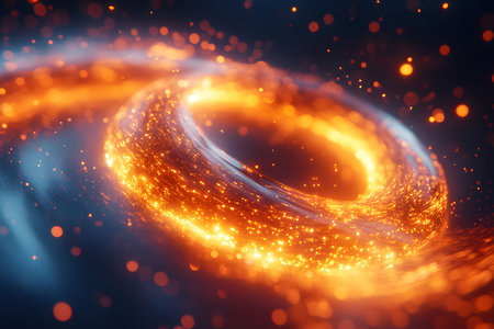Abstract artwork depicting a swirling loop of vibrant, glowing particles set against a deep cosmic background. the dynamic movement and radiant energy convey a sense of futuristic mystique, ideal for sci-fi and fantasy-inspired designs. Generative AIの素材