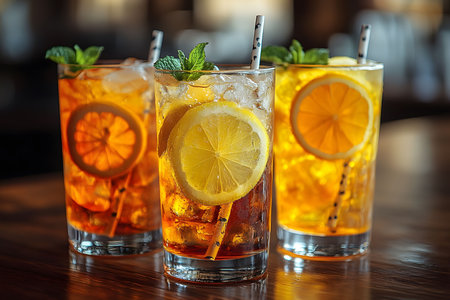 Three tall glasses of iced tea garnished with fresh lemon slices and mint sprigs create a refreshing and vibrant scene. the beverages gleam under warm lighting, enhancing their inviting appearance, ideal for summer themes. Generative AIの素材
