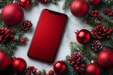 Smartphone with a red screen surrounded by vibrant red christmas ornaments, pine cones, and lush green fir branches on a white marble surface. perfect for festive holiday themes and christmas marketing designs. Generative AIの素材
