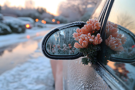 A serene winter scene with frosted car side mirror adorned with orange flowers. the sunrise casts a warm glow on the icy landscape, reflecting on the wet road and misty surroundings. Generative AIの素材