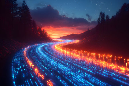 A surreal landscape features a vividly lit digital pathway with streams of blue and orange lights curving through a twilight scene. a dramatic sunset serves as the backdrop, seamlessly blending technology and nature in an imaginative display. Generative AIの素材