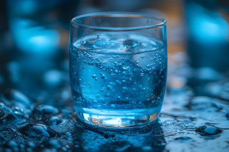 A clear glass filled with ice water sits on a wet surface, showcasing bubbles rising through the refreshing blue liquid. the scene emphasizes hydration, purity, and the coolness of icy water, ideal for wellness-themed designs. Generative AIの素材