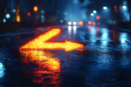 A vibrant neon arrow illuminates a slick, rain-soaked street, urban navigation amidst blurred city lights. the glowing sign contrasts with the moody night atmosphere, emphasizing modern city life and direction. Generative AIの素材