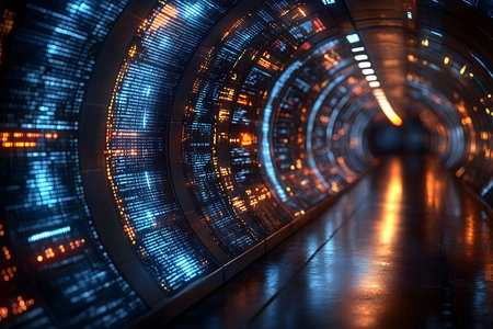 A sleek, curved corridor with illuminated digital panels emits a futuristic and sci-fi ambiance. the interplay of blue and orange lighting, combined with reflective surfaces, creates a high-tech, immersive atmosphere. Generative AIの素材