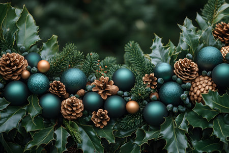 A lush christmas garland features green baubles and pine cones nestled among holly leaves and evergreen branches. the blend of textures and colors creates a sophisticated and festive atmosphere, perfect for holiday decoration. Generative AIの素材