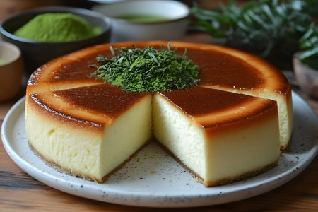 A visually appealing cheesecake featuring a rich, caramelized top and a vibrant green matcha garnish. perfect for gourmet events or culinary photography, showcasing the fusion of traditional and modern flavors. Generative AIの素材
