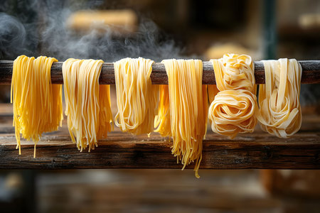 Freshly made pasta is elegantly draped over a rustic wooden rod, exuding an artisanal touch. steam rises gently, the pasta's authenticity. ideal for culinary themes promoting traditional italian cooking. Generative AIの素材