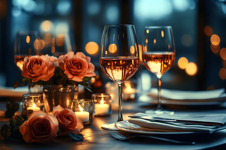 A beautifully arranged dinner table featuring wine glasses, soft candlelight, and delicate roses creating a romantic and elegant atmosphere. the warm, inviting glow enhances the intimate dining experience, ideal for special occasions. Generative AIの素材