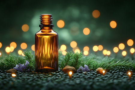 A serene scene featuring a brown glass bottle surrounded by fir branches, small purple flowers, and golden bokeh lights. pebbles enhance the natural, calming atmosphere, perfect for aromatherapy, wellness, or holiday-themed uses. Generative AIの素材