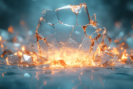 Shattered ice shards are dramatically illuminated against a wintry backdrop, with glowing light emanating through the breaks. perfect for winter designs or abstract concepts emphasizing contrast and brilliance. Generative AIの素材