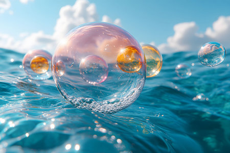 Mesmerizing scene of iridescent soap bubbles floating gently above vibrant ocean waves, set against a backdrop of a clear blue sky with soft, fluffy clouds. captures the essence of serenity and carefree moments in nature. Generative AIの素材