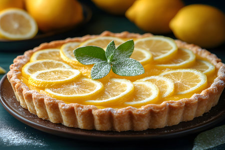 Freshly baked lemon tart adorned with vibrant lemon slices and mint leaves elegantly dusted with powdered sugar. perfect for gourmet presentations, culinary art, or recipe design concepts. Generative AIの素材