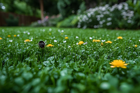 Lush garden scene with dew on vibrant green grass and scattered yellow flowers, creating a tranquil springtime atmosphere. the blurred background enhances the depth, the natural beauty and serenity of the setting. Generative AIの素材