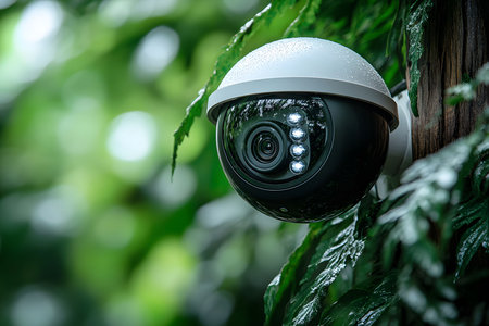 A modern outdoor security camera is mounted amidst vibrant green foliage, its integration with natural surroundings. the camera features infrared led lights for enhanced night vision, emphasizing advanced surveillance technology. Generative AIの素材