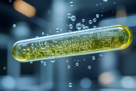 A close-up view of a test tube filled with a yellow liquid, suspended in a laboratory environment. the tube is surrounded by bubbles, creating a sense of scientific innovation and futuristic research. Generative AIの素材