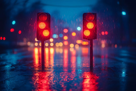 Two illuminated traffic lights stand amidst a rainy urban scene, casting vibrant red reflections on a wet road. blurred lights in the background enhance the atmospheric, moody ambiance of a city night. Generative AIの素材