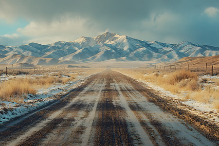 A tranquil winter scene featuring a road stretching towards majestic snow-covered mountains. the landscape is bordered by dry grass, under a moody, cloudy sky, conveying a sense of solitude and vastness. Generative AIの素材