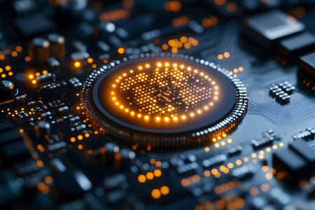A close-up view of an advanced circuit board featuring a glowing microchip at its center. the intricate patterns and luminous elements highlight modern technological innovation and the complexity of electronic components. Generative AIの素材