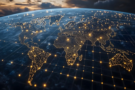 An illuminated world map showcasing global digital connectivity with glowing nodes and lines, representing technology and communication networks. the horizon blends with a dark sky, international connections. Generative AIの素材