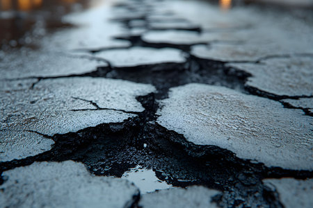 A detailed close-up of cracked asphalt, showcasing intricate patterns and textures. ideal for use in urban design, construction themes, and environmental discussions on infrastructure and decay. Generative AIの素材