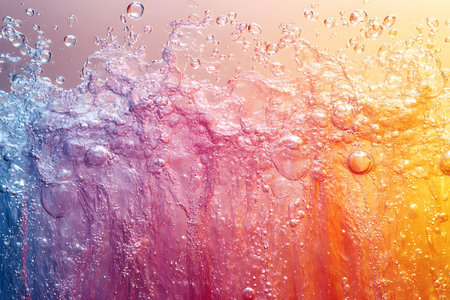 Dynamic visual of colorful water bubbles in an abstract splash, blending hues of orange, pink, and blue. the vivid interaction of bubbles and light creates a mesmerizing background, ideal for artistic projects and vibrant design inspiration. Generative AIの素材